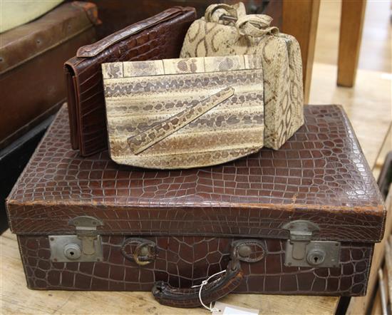 Crocodile suitcase, 2 snakeskin bags, 1 crocodile skin bag and 3 others